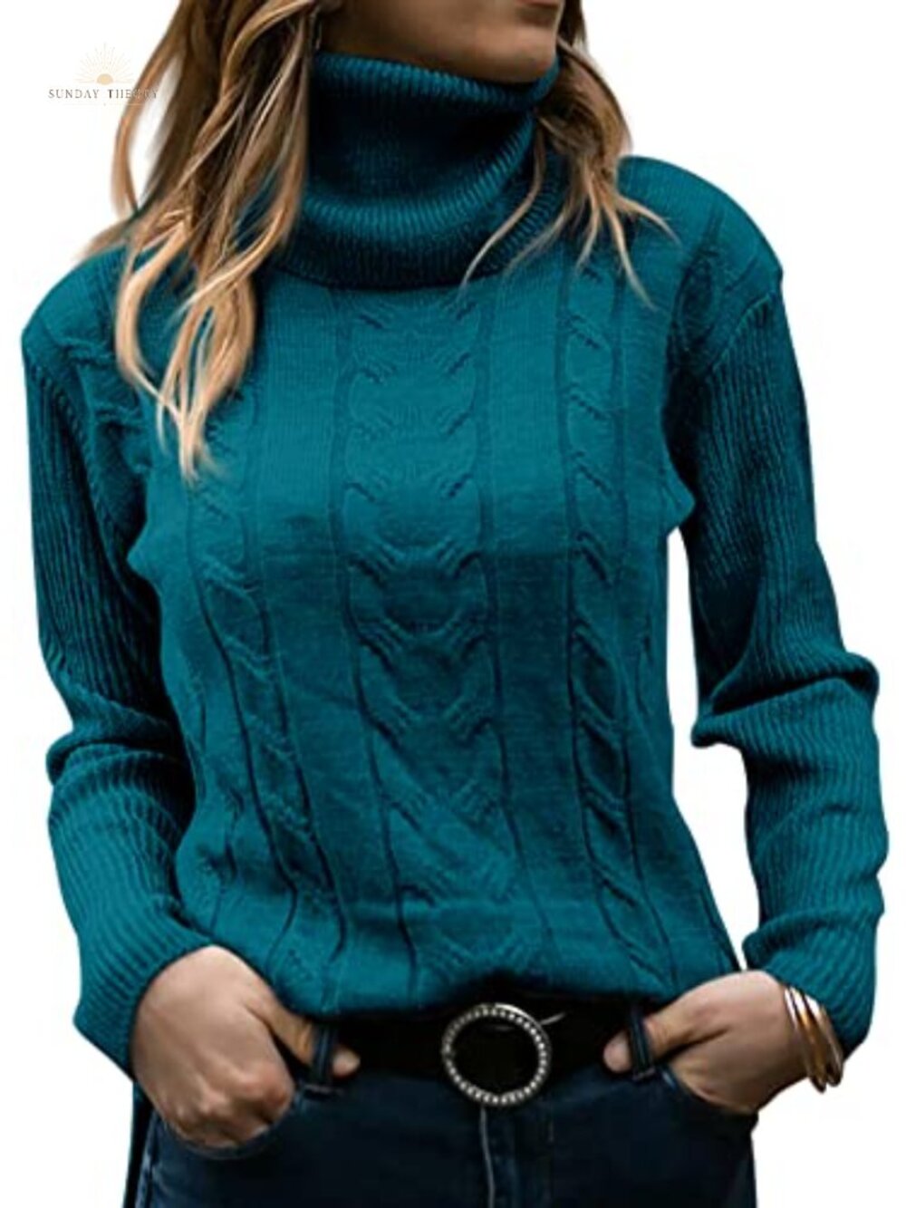 Turtleneck Long Sleeve Cable Knit Pullover Sweater Ribbed Knit Slim Fit